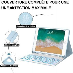 Coque Clavier Pour Ipad 6/5 Eme Generation/Pro 9.7/Air 2/Air 1 9.7"", &Eacute;tui Keyboard 7 Couleurs R&eacute;tro&eacute;clair&eacute;es Azerty Layout Sans Fil Bluetooth Amovible Avec Porte Crayon Pour Ipad 9.7 2018, Bleu Ciel - Neuf