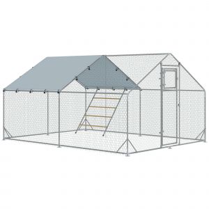 Enclos Poulailler 12 M&sup2; Espace Couvert - Perchoir, Mangeoire &Agrave; Suspendre, Porte, B&acirc;che - 4 X 3 X 1,95 M - Acier Gris - Neuf