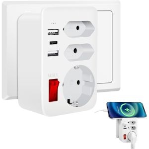 Prise Multiple, Multiprise Murale 3 Prises et 1 USB C et 3 Ports USB, Prise USB Electrique 6 en 1, Prise Multiprise USB Secteur pour la Maison Le Bureau Les Voyages Compatible avec Phone, - Neuf