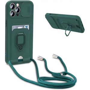 Ayu-Coque Avec Cordon Pour Iphone 15 Pro,Collier Pour Étui Colliers De Cellulaire Réglable Corde Silicone Souple Case,Protection De La Caméra,Support,Porte Cartes - Vert - Neuf