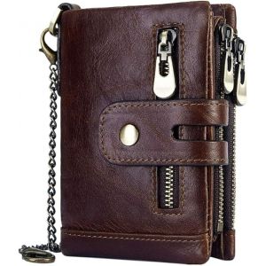 Portefeuille homme en cuir anti-RFID (marron) avec poche zippée pour pièces de monnaie, porte-cartes de crédit, portefeuille antivol - Neuf