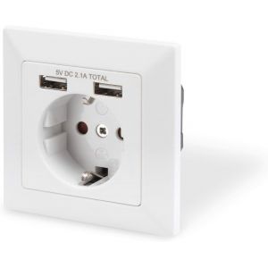 Prise encastr&eacute;e avec chargeur USB-A - 2 prises USB - 5V / 2,1A total - 250V 50Hz - Profondeur d'encastrement 32 mm - Design conditionnel - Blanc pur RAL 9003 - Neuf