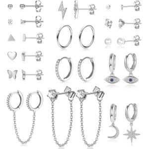 Kal-29 Pièces Petite Boucles D'oreilles Femme Acier Innoxydable Mini Boucles D'oreilles Creoles Pendantes Avec Chaîne Hypoallergénique Pearl Zircon Evil Eye Étoile Lune Creoles Or/Argent - Neuf
