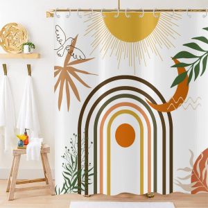 Uaa-Rideau De Douche Boho 180x200, Mid Century Feuilles Abstraites Arc Soleil Lune Blanc Rideau De Bain Moderne Minimaliste Géométrique Esthétique Art Imperméable Tissu Lavable Rideau De Bain - Neuf