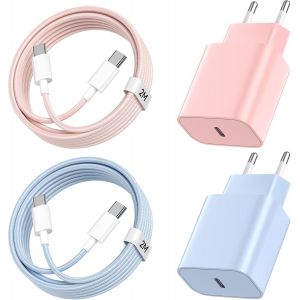 2Pack Chargeur Iphone Charge Rapide, 20W Chargeur Usb C Charge Rapide Type C Prise Avec 2M C&acirc;ble Usb C Pour Iphone 16 Pro/16 Pro Max/16 Plus/15 Pro/15 Pro Max/15 Plus - Rose+Bleu - Neuf