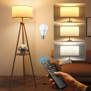 Subzonal-Lampadaire Tr&eacute;pied Led Sur Pied Salon Avec &Eacute;tag&egrave;res De Rangement - 12w Lampe Sur Pied Bois Avec T&eacute;l&eacute;commande & E27 Ampoule, Lampe Liseuse R&eacute;glables Pour Salon, Bureau, Chambre (Noyer) - Neuf