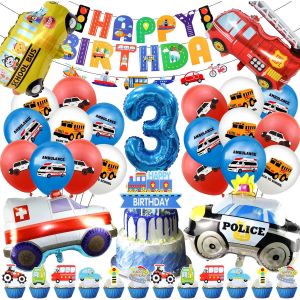 Balloon Anniversaire Voiture 3 Ans,Décoration Anniversaire Cars Enfant,Transport Anniversaire Fête Kit avec Bannière Gâteau Deco,Camion Pompier Garçons Filles Anniversaire Fournitures - Neuf