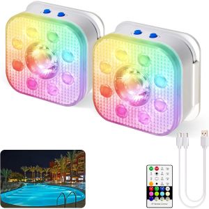 Gjfty-Lumière Piscine, Lot De 2 Lampes Led Submersibles Rechargeables, Lumières De Piscine, Étanches Ip68, 16 Lumières À Changement De Couleur Avec Télécommande, Aimants, Pour Baignoire, Étang, Fête - Neuf