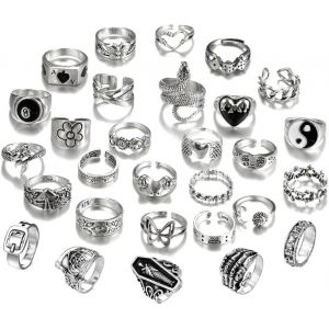 Kal-29 Pièces Gothique Bague Argent Femme, Y2k Punk Bague, Vintage Knuckle Bague, Ensemble De Bagues Coeur Serpent Fleur Papillon Yin Yang Crâne Grenouille Femme Cadeau - Neuf