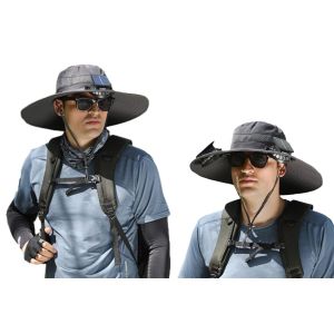 Chapeau De Soleil D'ext&eacute;rieur Avec Ventilateurs Solaires, Chapeau De P&ecirc;che &Agrave; Large Bord, Chapeau Bob Rafra&icirc;chissant Ajustable, Gris Fonc&eacute; - Neuf