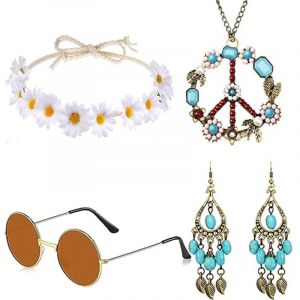 L'ensemble De Costume Hippie Comprend Des Lunettes De Soleil, Un Bandeau, Un Collier Et Des Boucles D'oreilles En Forme De Signe De Paix (Style Turquoise) - Neuf