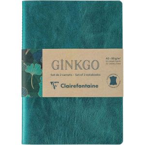 Un Set De 2 Carnets Cousus Fil / Carnet Cuir Uni Et Carnet Carte Motif Feuille De Ginkgo A5 - 14,8x21 Cm 64 Pages Lign&eacute;es Papier Ivoire 90g - 2 Visuels, Livr Al&eacute;atoire Ginkgo - Neuf