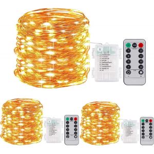 Kal-Guirlande Lumineuse A Pile, Lot De 3 10m/32ft 100led Micro Guirlande Lumineuse Avec Télécommande, Guirlande Lumineuse Intérieur À 8 Modes Avec Minuterie Pour Fête, Noël Décor - Blanc Chaud - Neuf