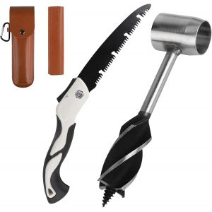 Eryi-Tarière Manuelle Bushcraft, ¿25x160mm, Perceuse À Main En Acier Avec Étui En Cuir Marron & Scie Pliante À Élaguer 180mm, Outil De Survie Pour Aventure Extérieure, Camping, Travail Du Bois - Neuf