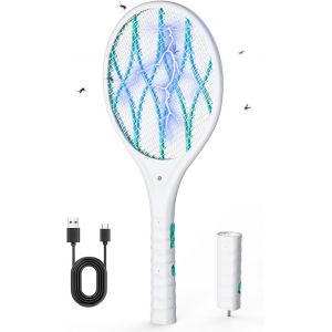 KALANKA-Raquette Electrique Insectes, 4000V Raquette Anti Moustique Electrique, Recharge USB, Lumière LED, Lampe Torche Détachable, Protection à 3 Couches, Double Interrupteur, Maison, Jardin, Blanc - Neuf