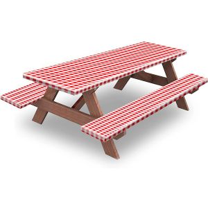 Ensemble De 3 Pi&egrave;ces Rouge Comprenant Une Nappe &Eacute;lastique Et Des Housses De Banc Pour Pique-Nique En Ext&eacute;rieur - - Neuf