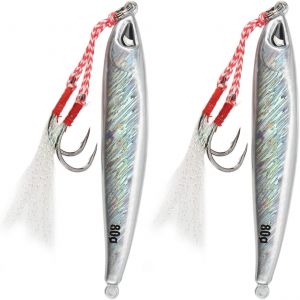 Kyaoayo-2pcs Jigs De Pêche Verticaux, Leurres De Pêche À Paillettes Jigs De Pêche Verticaux Leurre De Pêche Mer Leurre Artificiel À Lancer Long Plaque Fer Avec Hameçons Pour Thon, Bar, Mérou (80g) - Neuf
