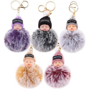 KAL-Mignon Duveteux Endormi B&eacute;b&eacute; Poup&eacute;e Porte-Cl&eacute;s Pompom Femmes Voiture Ext&eacute;rieur M&eacute;tal Sac &Agrave; Dos T&eacute;l&eacute;phone Pendant - 5 Pcs - Neuf