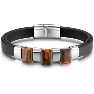 Bracelet Homme Cuir Oeil De Tigre Naturelle Bracelet Gourmette Acier Inoxydable Noir Argent Fermoir Aimant Magnétique Bijoux Homme Cadeau Anniversaire Couple Fête Des Pères - Neuf