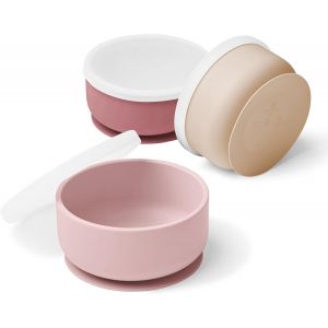 Kal-| Set Bol Ventouse Pour Bébé Avec Couvercle En Silicone | Bol Bebe Anti Renversement | Bol Bebe 1er Age | Coffret Repas | Rose, Rose Pâle Et Beige - Neuf
