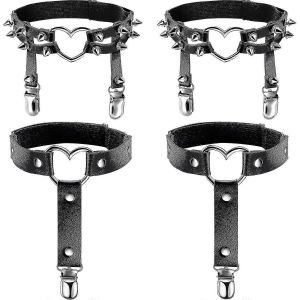 Cuir Jambe Cha&icirc;ne Pendentif Rivet Porte-Jarretelles Pu Cuir Punk Gothique Cuisse Anneau Jarreti&egrave;re(4pcs,Noir) - Neuf
