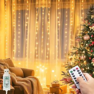 Jgd-Guirlande Lumineuse,3x3m Usb Rideau Lumineux,300led Avec T&eacute;l&eacute;commande Et Minuterie,8 Modes Dimmable Etanche Led Decoration Pour No&euml;l, Mariages, Anniversaires, Fen&ecirc;tre,F&ecirc;tes(Blanc Chaud) - Neuf