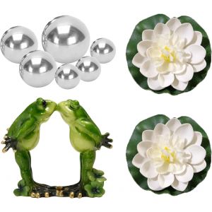 MEVRONISSHOP-Mini Bassin d&eacute;coratif Grenouille Flottante avec 6 Boules argent&eacute;es et 2 Fleurs de Lotus pour Mini &eacute;tang de terrasse Fontaine Solaire pour Jardin(A02) - Neuf
