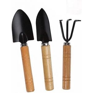 Lot de 3 outils de jardinage : petite pelle, râteau et bêche avec manche en bois pour plantes en pot, outil de sécurité pour enfants pour l'intérieur et l'extérieur - Neuf