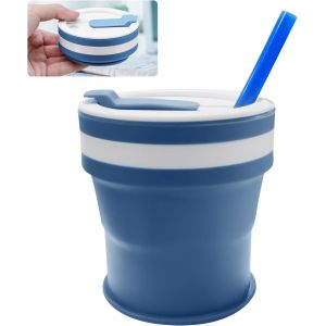 Eryi-350ml Tasse De Voyage Pliable En Silicone,Gobelet Pliable,Gobelet En Silicone Avec Trou De Paille Avec Paille,Pour Camping,Randonnée,Boissons,Chaudes & Froides(Bleu) - Neuf