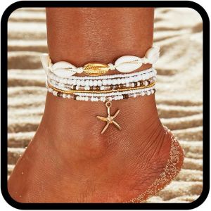 Bracelet De Cheville Bohème En Perles Et Coquillages Dorés En Forme D'étoile De Mer Pour Femme, Taille Unique, Perles, Coquillage, Étoile De Mer, Pas De Gemme - Neuf