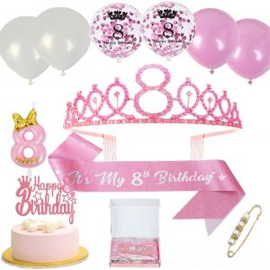 Kalanka-Neodtx Décoration D'anniversaire Pour Fille De 8 Ans - Rose - 11 Pièces - Cadeau Pour 8 Couronnes D'anniversaire - Écharpe D'anniversaire Et Couronne - Décoration De Gâteau - Ballons - Bougie - Neuf