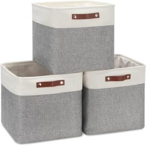 Boîte de Rangement en Tissu 28x28x28cm, Lot de 3 Paniers de Rangement Cubiques Pour Armoire, Étagère, et Vêtements, Gris&Blanc - Neuf