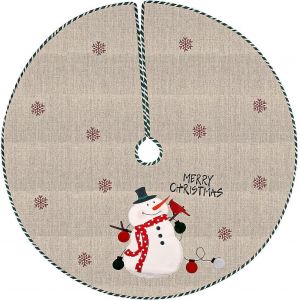 Jupe de sapin de No&euml;l, couvre-pied de sapin, tapis de sapin, jupe de sapin ronde r&eacute;tro en lin avec flocons de neige - 108 cm - Neuf