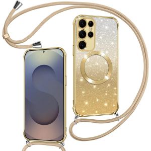 SJZG-Couqe Magn&eacute;tique Pour Samsung Galaxy S25 Ultra 5G Con Cordon, Compatible Avec Magsafe, Brillant Glitter Paillet&eacute; Antichoc Durable R&eacute;sistante Etui Housse Pour Samsung S25 Ultra Bumper, Or - Neuf