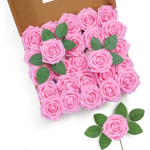 Lot de 25 roses artificielles roses en mousse au toucher r&eacute;aliste pour bouquets de mariage, centres de table, arrangement floral, d&eacute;coration de f&ecirc;te, d&eacute;coration de la maison - Neuf
