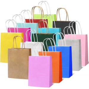 MEVRONISSHOP-Sacs Cadeaux Multicolores avec Anse 15 Pi&egrave;ces, Sacs en Papier Kraft pour F&ecirc;tes de No&euml;l, Mariages, Anniversaires, C&eacute;l&eacute;brations, Bonbons, DIY (21x15x8cm) - Neuf