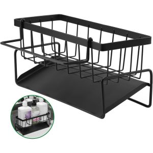 KALANKA-Organisateur Evier Cuisine, Porte Eponge Evier Cuisine avec Bac De Vidange Automatique et Porte-Serviettes, Acier au Carbone &Eacute;ponge Support Evier pour Brosse Chiffons Savons, Noir - Neuf