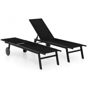 Costway Lot De 2 Chaise Longue De Jardin Avec Roulettes, Dossier R&eacute;glable En 6 Positions, Pour Piscine, Terrasse Et Jardin Noir - Neuf