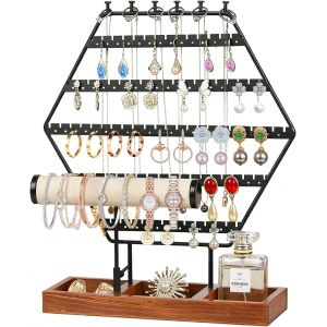 Porte Bijoux Presentoir Bijoux En Metal Et Socle En Bois Porte Boucle D'oreille &Agrave; 12 Crochets Pr&eacute;sentoir Boucles D'oreilles &Agrave; 88 Trous Peut Accueillir Colliers Bagues Bracelets Boucles Noir - Neuf