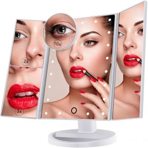 Triple Loupe Cosmétique Avec 21 Led, 10 X / 3 X / 2 X Miroir Lumineux Avec Écran Tactile, Double Alimentation, Rotation De 180° - Neuf