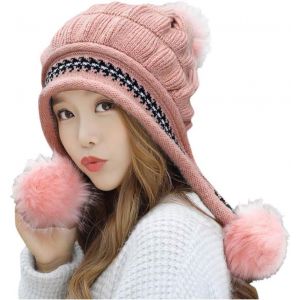 Casquette Rose Chaud En Tricot Cache-Oreilles Pour Les Femmes Dames Ajouter Écharpe D'hiver Chaud Bonnet Tricoté À La Casquette De Baseball De Coton Pour Les Femmes - Neuf