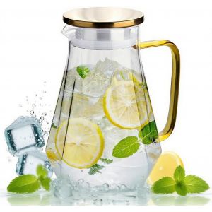 Cmws-Carafe À Eau En Verre Borosilicate De 2 L Avec Couvercle (Acier Inoxydable) Et Poignée, Passe Au Réfrigérateur Et Résistante À La Chaleur, Pichet Pour Boissons Chaudes Et Froides Pour Thé, Jus D - Neuf