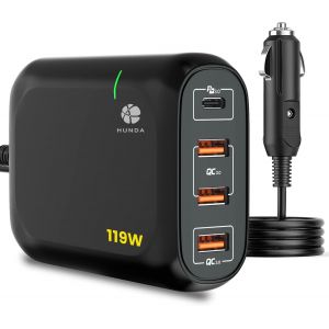 JGD-119W Chargeur Voiture USB C Rapide avec 65W USB-C PD3.0 et 54W USB-A QC3.0 pour iPhone 12/11/Xs/XR/X/8, iPad Pro, MacBook Pro/Air, Kindle, HP, Dell, ASUS, Nintendo, Samsung S10 S20 and More, Noir - Neuf