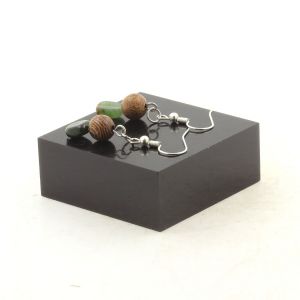 Boucles D'oreilles 2 Perles Jade N&eacute;phrite De Sib&eacute;rie (Russie) + Bois 8 Fabriqu&eacute; En France. - Neuf