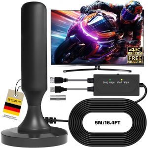Antenne DVBT2 avec amplificateur int&eacute;rieur DVBT-T2 Antenne HDTV d'int&eacute;rieur pour t&eacute;l&eacute;viseur, r&eacute;ception maximale &agrave; 360 &deg;, qualit&eacute; de signal maximale gr&acirc;ce au noyau en aluminium, prend en charge - Neuf