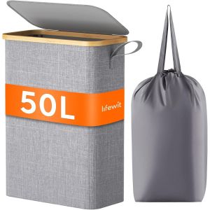 CHECARZHN--NO1-Panier À Linge Extra Plat 50L, Paniere A Linge Sale Avec Couvercle, Corbeille A Linge Bambou Avec Sac Amovible Et Poignée, Bac Linge Etroit Pour Chambre, Salle De Bain, Buanderie, Gris - Neuf