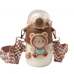 Hjlian Gobelet A Paille Souple, Gobelet Portable En Plastique, Motif Dessin Anime, Bouteille D'eau Avec Sangle, Marron - Neuf