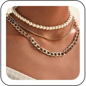 Kal-Collier En Or Pour Femmes Collier Ras Du Cou En Fausses Perles Collier Cubain Minimaliste Collier À Maillons Superposés Collier Triple Chaîne Bijoux Hip Hop Pour Femmes Filles - Neuf