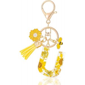 KAL-Letter Keychains Initiale Lettre Porte Clef Lettre,Alphabet Initial Keyring Avec Pampille Pendentif,Jaune Pétales Feuille D'Or Key Ring Pour Femmes Filles Portefeuilles Sac À Main Charme - Neuf