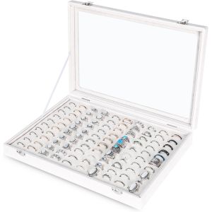 Sjzg-Plateau De Rangement De Bagues En Velours Avec Couvercle Transparent - 100 Emplacements Pour Bijoux - Pr&eacute;sentoir &Agrave; Bagues Pour Femme (Blanc) - Neuf